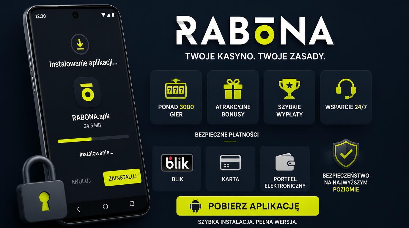 Androidowy ekran instalacji APK Rabona Casino z ikonami BLIK i karty i symbolem bezpieczeństwa