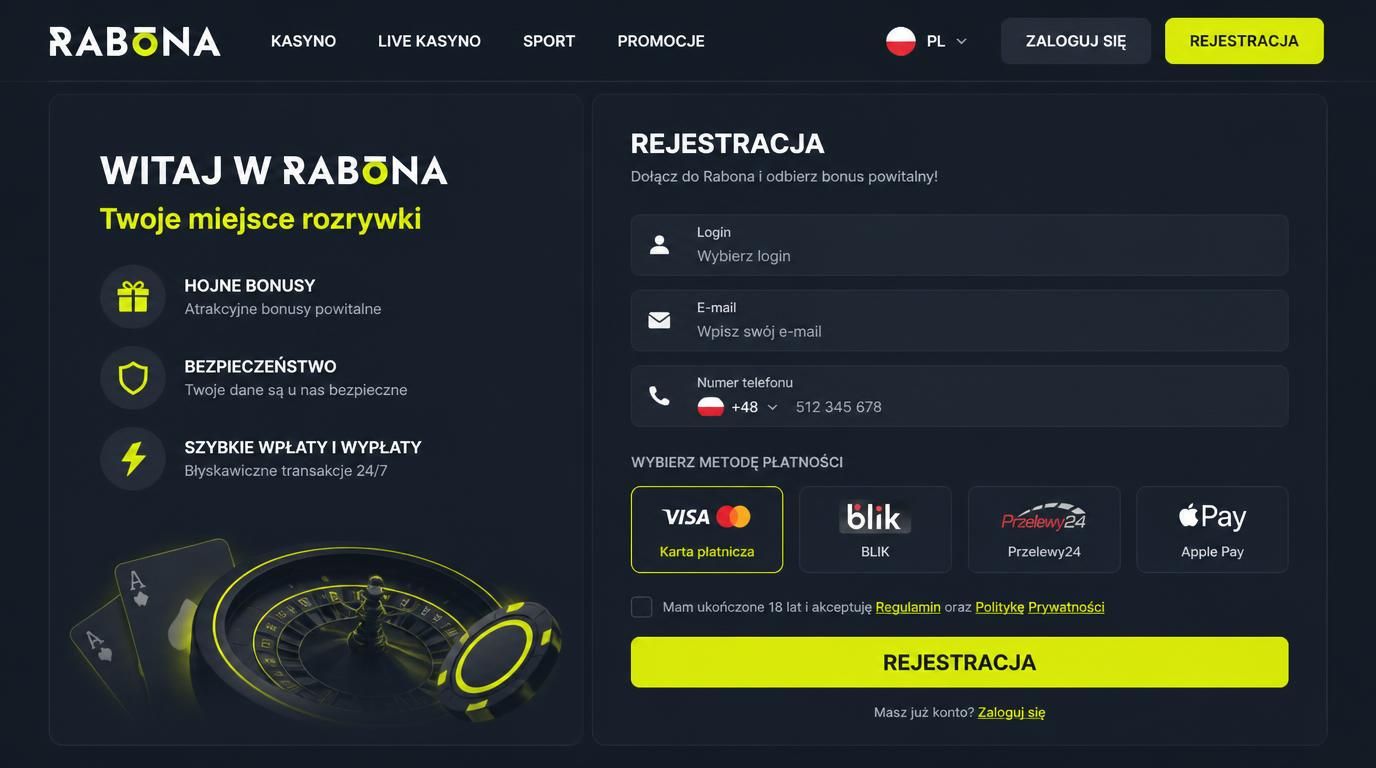 formularz rejestracji online Rabona z opcjami płatności i symbolem Polski