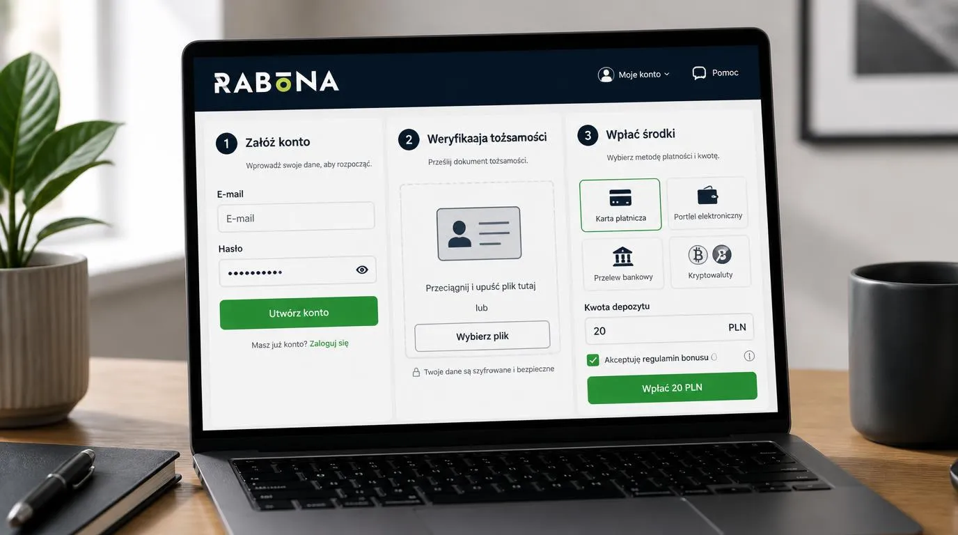 Panel kasyna z formularzem rejestracji, weryfikacją tożsamości i wyborem płatności przy depozycie 20 PLN