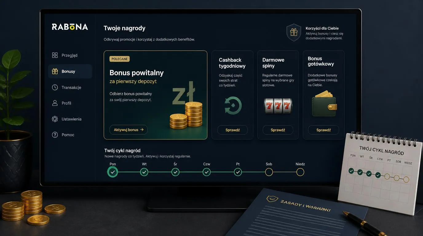 Panel promocji kasynowych z kartami bonusu powitalnego, cashbacku i cotygodniowych darmowych spinów