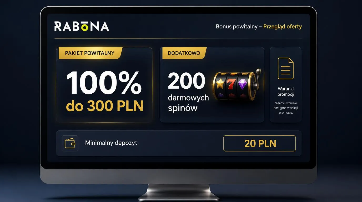 Panel bonusu powitalnego z dopłatą 100% do 300 PLN, 200 darmowymi spinami i minimalnym depozytem 20 PLN